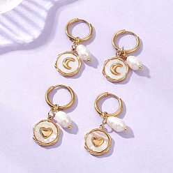 Золотой 2 пары 2 стили 304 серьги-кольца из нержавеющей стали и натуральных ракушек, с 304 серьгами-кольцами из нержавеющей стали, Плоское круглое изображение с сердцем и луной, с имитацией жемчуга, золотые, золотые, 33.5x12.5 мм, 1 пара / стиль