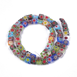 Colorful Millefiori Lampwork Beads Strands, Square, Colorful, 6x6x3~3.5mm, Hole: 1mm, about 65pcs/strand, 14.7 inch