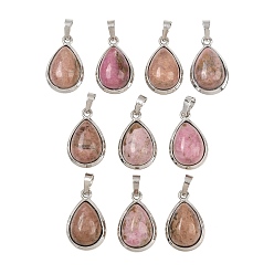 Rhodochrosite Natural Rhodochrosite Pendants, with Brass Findings, teardrop, Platinum, 26x16~17x8~10mm, Hole: 8x5mm