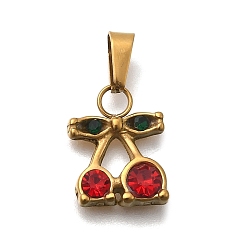 Светло-сиамский 304 из нержавеющей стали горный хрусталь подвески, черри прелести, с 201 защелкой из нержавеющей стали на поручнях, ионное покрытие (ip), реальный 18 k позолоченный, Light Siam, 14x11x3 мм, отверстие : 6x3 мм