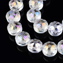 Clear AB Electroplate Glass Beads Strands, Frosted, Rainbow Plated, Faceted, Flat Round, Clear AB, 12x8~9mm, Hole: 1mm, about 50pcs/strand, 23.62 inch