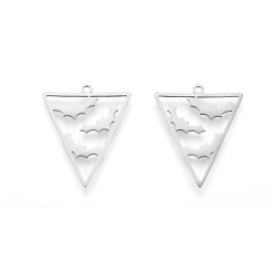 Stainless Steel Color Non-Tarnish Halloween 201 Stainless Steel Pendants, Laser Cut, Triangle with Bat, Stainless Steel Color, 27x22.5x1mm, Hole: 1.5mm