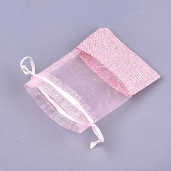 Pink Organza Bags, with Burlap Cloth, Drawstring Bags, Rectangle, Pink, 17~18x12.4~13cm