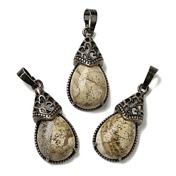 Пейзажный Джаспер Естественного изображения яшмы подвески, латунные подвески-капли, Красная медь, без свинца и без кадмия, 31x15x8 мм, отверстие : 5x7.5 мм