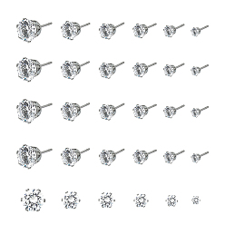 Stainless Steel Color Stainless Steel Stud Earrings, with Clear Cubic Zirconia and Ear Nuts, Flat Round, Stainless Steel Color, 24pcs/box