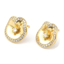 Real 18K Gold Plated Brass Twist Flat Round Stud Earrings with Clear Cubic Zirconia, Lead Free & Cadmium Free, Real 18K Gold Plated, 14x15mm