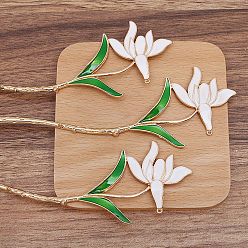 Blanc Alliage de style ancien avec bâton de cheveux en émail, pour les accessoires de bijoux à bricoler soi-même, fleur, blanc, 180x47mm, 10 pièces / kit
