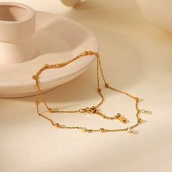 Настоящее золото 18K Французский стиль 304 двухслойные браслеты из нержавеющей стали с цепочкой, браслеты из круглых бусин для женщин, реальный 18 k позолоченный, 19-1/4 дюйм (49 см)