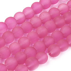 Deep Pink Transparent Glass Bead Strands, Frosted, Round, Deep Pink, 8mm, Hole: 1~1.6mm, about 99pcs/strand, 31.4 inch