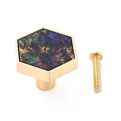 Colorful Hexagon with Marble Pattern Brass Box Handles & Knobs, with Resin Cabochons and Iron Screws, Matte Gold Color, Colorful, 29.5x34x24.5mm, Hole: 3.5mm