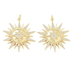 Настоящее золото 18K Стойка для загара, латунные микро-паве, прозрачные подвески с кубическим цирконием, долговечный, без свинца и без кадмия, с целью перехода в кольце, реальный 18 k позолоченный, 35x31x3 мм, отверстие : 3 мм