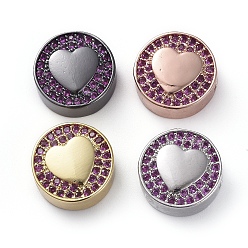 (52) Непрозрачная лаванда Латунные микро проложить кубического циркония бусы, плоско-круглые с сердцем, чёрные, разноцветные, 12x5 мм, отверстие : 2 мм