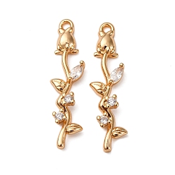 Настоящее золото 18K Латунные микропаве прозрачные подвески с фианитом, без кадмия, без никеля и без свинца, роза, реальный 18 k позолоченный, 27x7x3.5 мм, отверстие : 1.4 мм