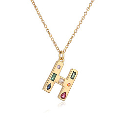Letter H Ожерелья с подвесками-инициалами из латуни и разноцветными кубическими цирконами для женщин, реальный 18 k позолоченный, Письмо ч, 17.72 дюйм (45 см), Кулон : 23x13 мм