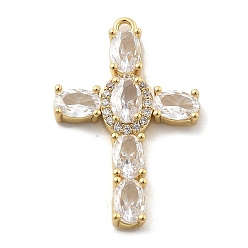 Настоящее золото 18K Латунные микропаве прозрачные подвески с фианитом, крестик, стойки покрытие, долговечный, без свинца и без кадмия, реальный 18 k позолоченный, 28.5x18.5x4 мм, отверстие : 1.2 мм