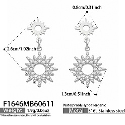 Stainless Steel Color 316 Surgical Stainless Steel & Clear Cubic Zirconia Stud Dangle Earrings, Sun, Stainless Steel Color, 26x13mm