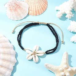 Черный Регулируемые браслеты на щиколотку из натуральных ракушек каури с бусинами, летние пляжные браслеты на ногу из стеклянных бусинок 2-нить для женщин, чёрные, внутренний диаметр: 2-3/4~ 4 дюйм (71.5~100 мм)