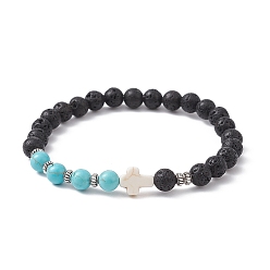 Белый Эластичный браслет с крестом из синтетической бирюзы, натурального говлита и лавового камня, белые, внутренний диаметр: 2-1/2 дюйм (6.3 см)
