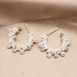 Silver Imitation Pearl & Seed Beads Copper Wire Wrapped Half Hoop Stud Earrings for Women, Silver, 25mm