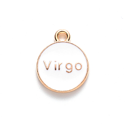 Virgo Alloy Enamel Pendants, Flat Round with Constellation, Light Gold, White, Virgo, 15x12x2mm, Hole: 1.5mm, 100pcs/Box