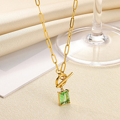 Светло-зеленый 304 Кулон или ожерелье из нержавеющей стали с квадратным камнем-талисманом, инкрустированным кубическим цирконием., золотые, светло-зеленый, 17.72 дюйм (45 см)