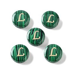 Letter L Синтетические малахит бусины, с золотистыми латунными пластинами, плоские круглые с буквы, Письмо L, 15x5 мм, отверстие : 1.4 мм