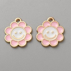 Pink Золотили эмали сплава подвески, цветок с улыбающимся личиком, розовые, 19x16x1.7 мм, отверстие : 1.6 мм