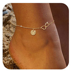 Letter X Латунные двойные сердечки плоские круглые инициалы браслеты на ногу для женщин, золотые, Письмо X, 9-1/8 дюйм (230 мм)