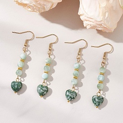 Золотой Женские серьги-подвески из натурального стекла и натуральной зеленой яшмы с пятнистым узором., сердце, золотые, 58.5x10.5 мм