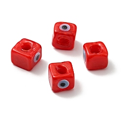 Красный Ручная работа сглазная лампа европейские бисер, бусины с большим отверстием, кубические, красные, 8~9x9~10x9~10 мм, отверстие : 4.3 мм