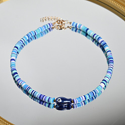 Azul Cielo Collares de cuentas heishi de arcilla polimérica con forma de pez de porcelana hechos a mano de estilo bohemio para mujer., con cadenas finales de aleación, dorado, luz azul cielo, 13.78 pulgada (35 cm)