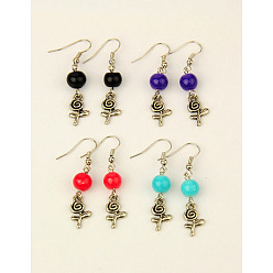 Mixed Color Fashion Flower Dangle Earrings, with Tibetan Style Pendants, Glass Beads and Brass Earring Hooks, Mixed Color, 42mm