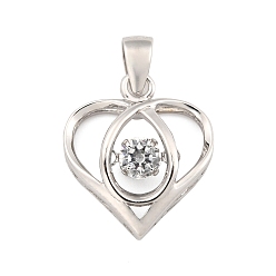 Платина Подвески из тонкого серебра с прозрачными кубическими цирконами, сердечки с застежками и 999 штампом, родий, платина, 16.5x14.5x5.5 мм, отверстие : 4.5x3.5 мм