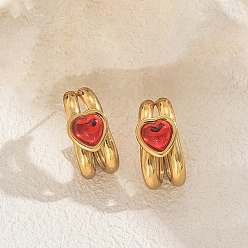 Сердце Серьги шпилька нержавеющая сталь, золотые, со стеклом, сердце, 25x12 мм