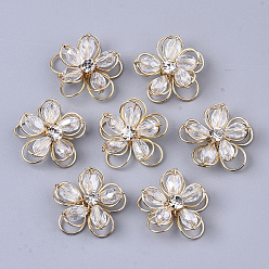 Прозрачный АВ Подвески из проволоки ручной работы, с гранеными стеклянными шариками, латунная проволока из хрусталя и хрусталя, цветок, ясно AB, 19~21x19~21x8~9 мм