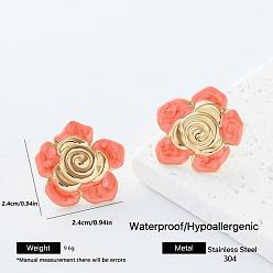Flower 304 Stainless Steel Enamel Stud Earrings for Women, Golden, Flower, 24x24mm