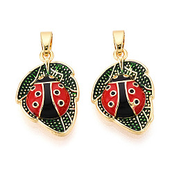 Темно-Зеленый Латунь эмаль подвески, без кадмия и без свинца, реальный 18 k позолоченный, лист с подвесками в виде божьей коровки, темно-зеленый, 20.5x13.5x4 мм, отверстие : 5x2 мм