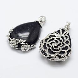 Синий Драгоценный Камень Синтетический синий авантюрин подвески, с латунной фурнитурой , слеза, платина, 40.5x27x8.5 мм, отверстие : 4x6.5 мм