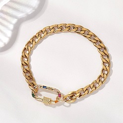 Настоящее золото 18K 304 из нержавеющей стали кубинский ссылка цепи браслеты, Латунный микропаве кубический цирконий винтовой карабин ювелирное украшение для женщин, реальный 18 k позолоченный, 7.68 дюйм (19.5 см)