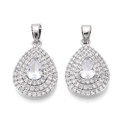 Платинированный Подвески из латуни с прозрачным фианитом, слезинки, Реальная платина, 26x23x4 мм, отверстие : 6 мм