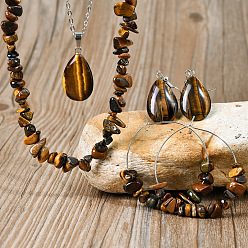 Тигровый глаз Ожерелья в стиле бохо с подвеской в виде капли из натурального тигрового глаза, ожерелья с бусинами, серьги-кольца и наборы висячих серег, 470 мм