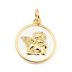 Белый Латунь эмаль подвески, с прыжковых колец, без кадмия и без свинца, реальный 18 k позолоченный, плоские круглые с ангелом, белые, 18.5 мм, отверстие : 3.5 мм