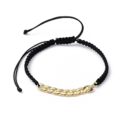 Black Unisex Adjustable Nylon Thread Braided Bead Bracelets, with Golden Plated Brass Curb Chains, Black, Inner Diameter: 2~4-1/4 inch(5.2~10.7cm)
