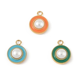 (52) Непрозрачная лаванда Абс пластмассовые жемчужные подвески, плоско-круглые, с 304 фурнитурой из нержавеющей стали и эмалью, вакуумные покрытия, реальный 18 k позолоченный, разноцветные, 17x13x6 мм, отверстие : 2.5 мм