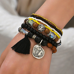 Mixed Color 7Pcs 7 Style Stackable Bracelet Sets, Glass Seed Beaded Stretch Bracelets, with Alloy Lion Owl, Mixed Color, Inner Diameter: 2-3/8~2-3/4 inch(6~7cm), 1pc/style