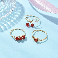 Красный Агат Круглые натуральные кольца из сердолика для женщин, Кольца из медной проволоки золотистого тона, бантом, внутренний диаметр: 18~18.5 мм, 3 шт / комплект