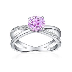 Фиолетовый 925 Кольца с простой полосой из стерлингового серебра с микропаве и кубическим цирконием, Реальная платина, плоско-круглые, фиолетовые, размер США 7 (17.3 мм)