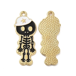 White Alloy Enamel Pendants, Skeleton with Hat Charm, Golden, White, 32.5x13x1.5mm, Hole: 1.6mm