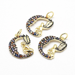 Настоящее золото 18K Латунные микро проложить класса AAA кубического циркония подвески, луна с ангелом, без свинца, без никеля и без кадмия, реальный 18 k позолоченный, 17.5x13x2 мм, отверстие : 3 мм