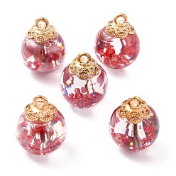 Red Glass Dried Flower Big Pendants, with Alloy Findings, Round, Light Gold, Red, 21x16mm, Hole: 2mm
